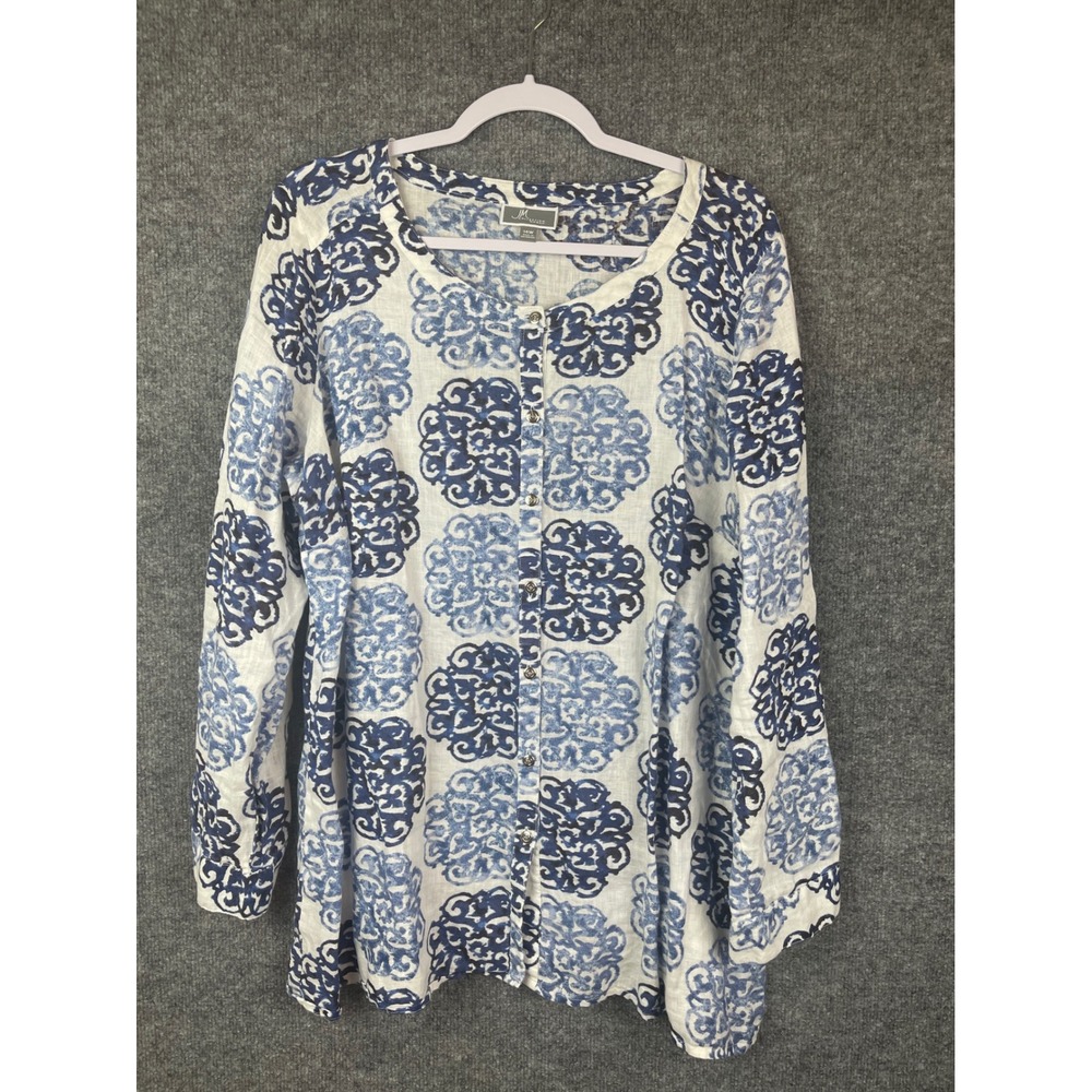 JM Collection Button Front Tunic Women 14W Blue White Excellent Roll Tab Linen